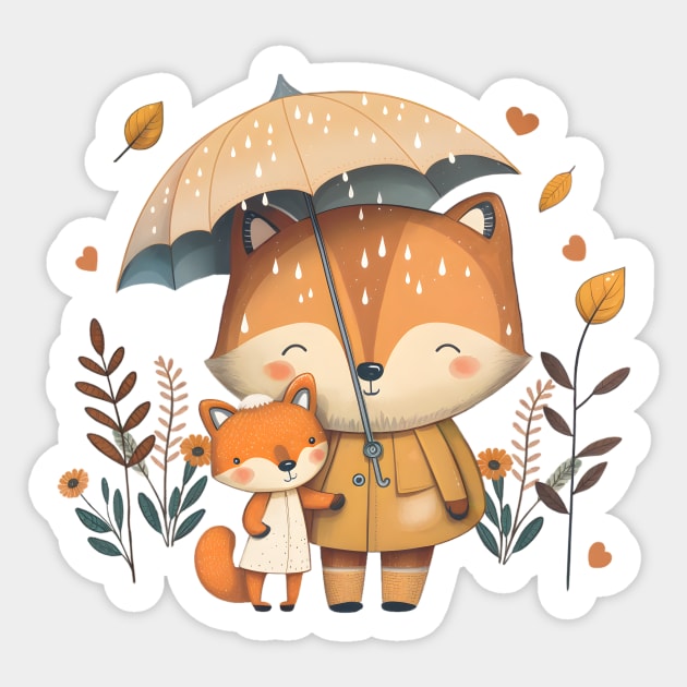 Cute Foxes Sharing an Umbrella Pink Sticker by Anicue